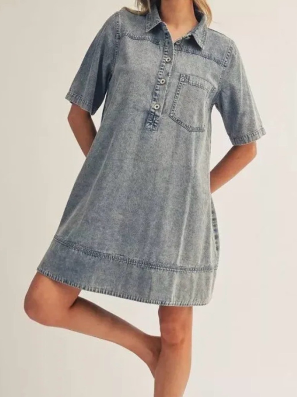 JODIFL Washed Gray Denim Polo Dress